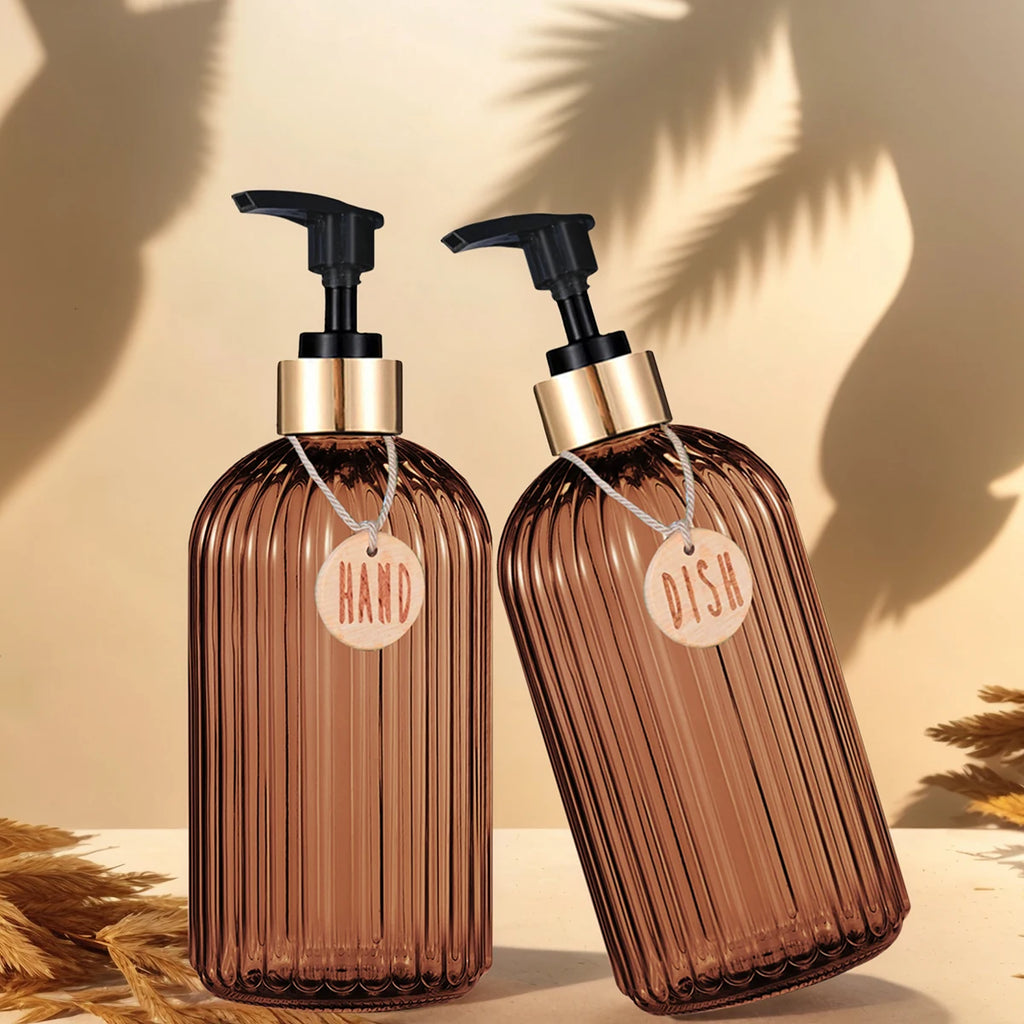HOUSE OF BRICE™ Amber Soap Dispenser Set – Refillable Pump Bottles (Set of 2)