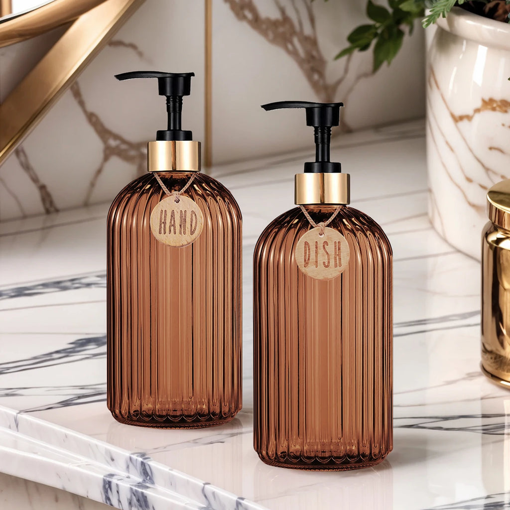 HOUSE OF BRICE™ Amber Soap Dispenser Set – Refillable Pump Bottles (Set of 2)