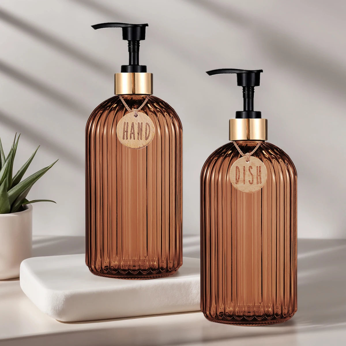 HOUSE OF BRICE™ Amber Soap Dispenser Set – Refillable Pump Bottles (Set of 2)