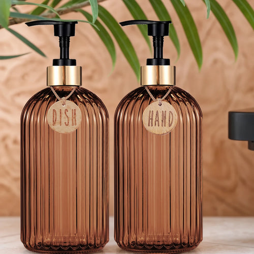 HOUSE OF BRICE™ Amber Soap Dispenser Set – Refillable Pump Bottles (Set of 2)