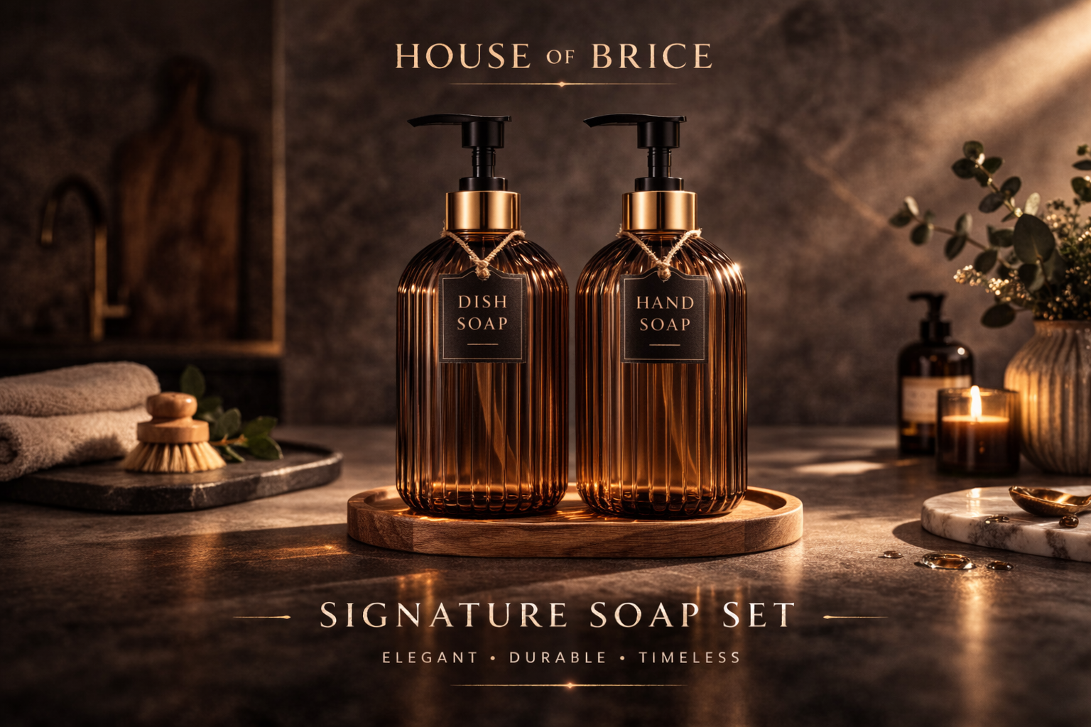 HOUSE OF BRICE™ Amber Soap Dispenser Set – Refillable Pump Bottles (Set of 2)